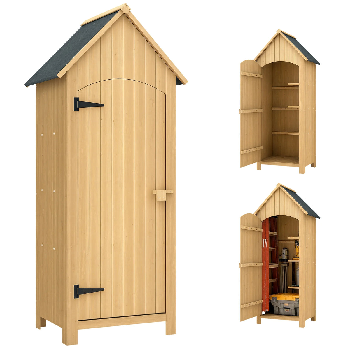 Small Wooden Garden Tool Shed with 3 Shelves and Asphalt Roof, Natural