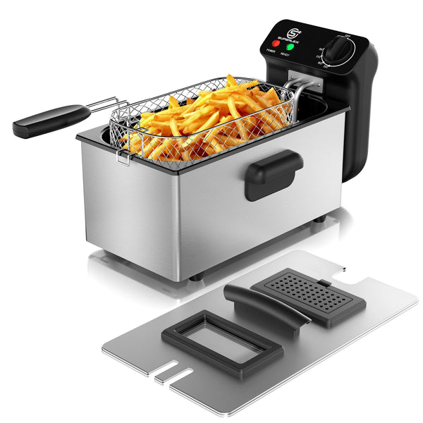 2000W Electric Deep Fryer 3L Stainless Steel with Adjustable Temperature 130-190°C Non-Stick Tank and Indicator Lights