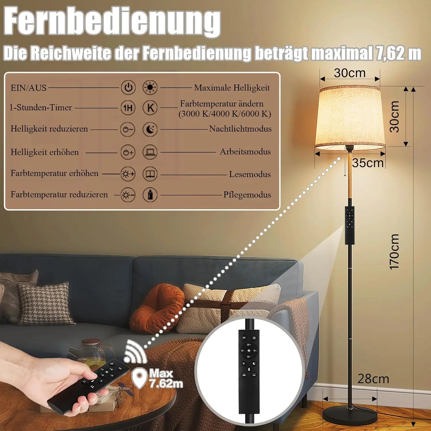 170cm Floor Lamp LED E27 9W Linen Shade Dimmable Remote Control Multiple Colour Temperatures for Bedroom Living Room
