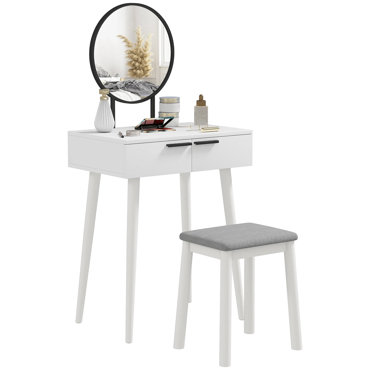 Dressing Table Vanity Set with Large Round Mirror 2 Sliding Drawers and Padded Stool Particleboard White