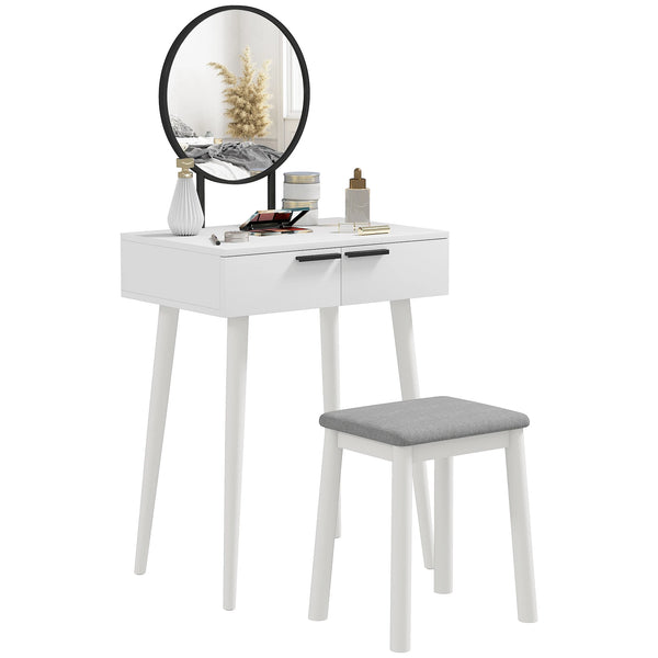 Dressing Table Vanity Set with Large Round Mirror 2 Sliding Drawers and Padded Stool Particleboard White