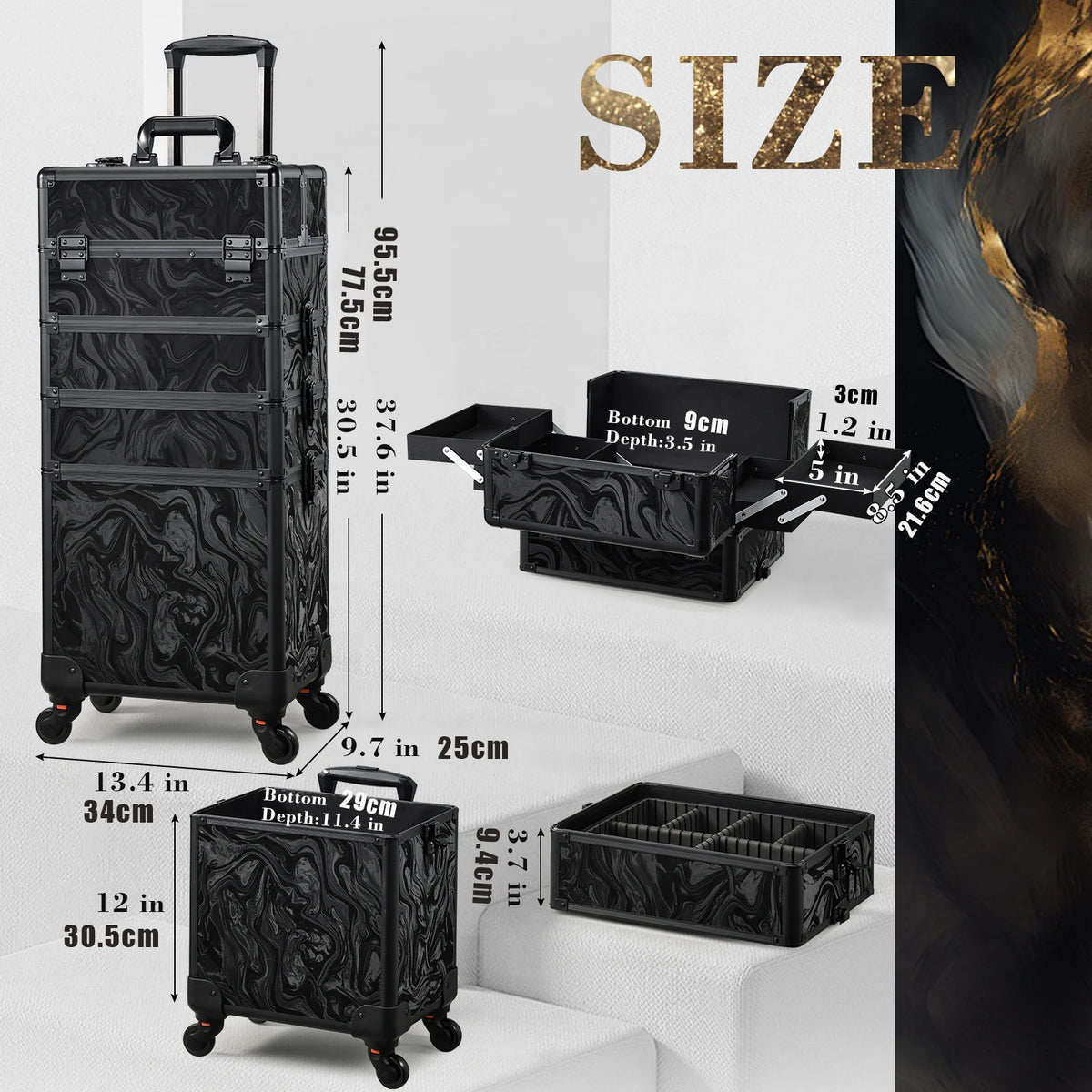 4 in 1 Rolling Makeup Train Case on Wheels with 4 Trays 36-55L PVC Cosmetology Trolley for Nails and Tattoo