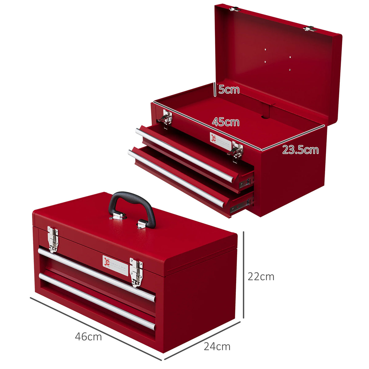2 Drawer Steel Tool Chest with Ball Bearing Runners and Top Compartment, Red