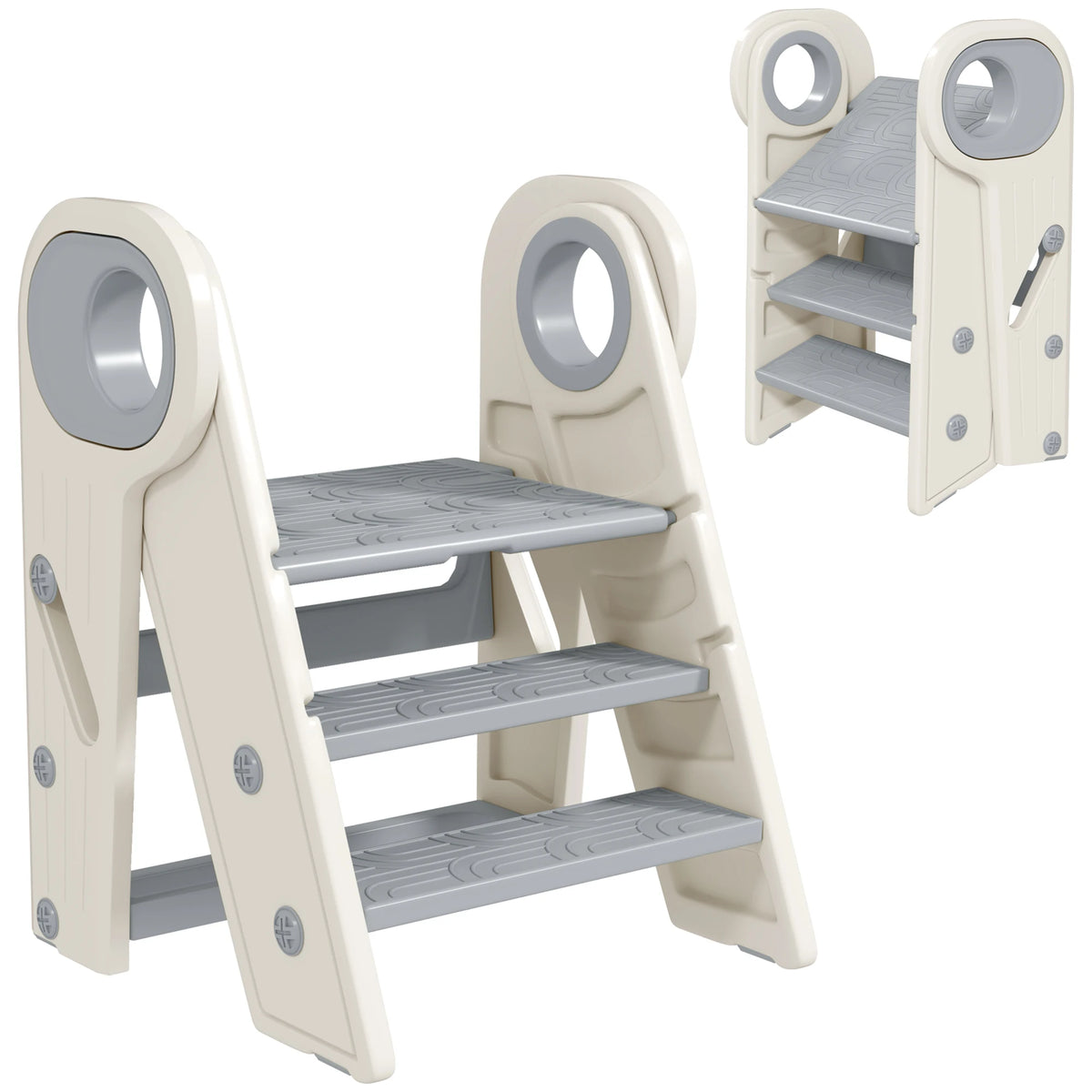 Foldable Kids Step Stool Converts 3 Step to 2 Step with Handle Non Slip HDPE 25kg for Ages 18-60 Months Grey