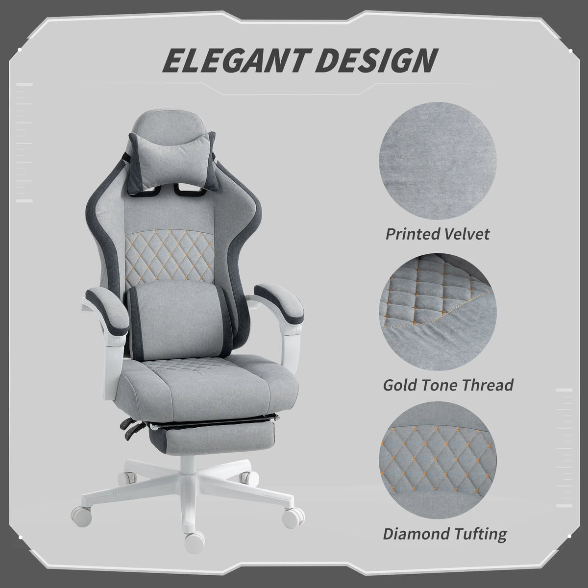 Velvet Reclining Office Chair with Footrest and Headrest, Adjustable Height Desk Chair, Grey