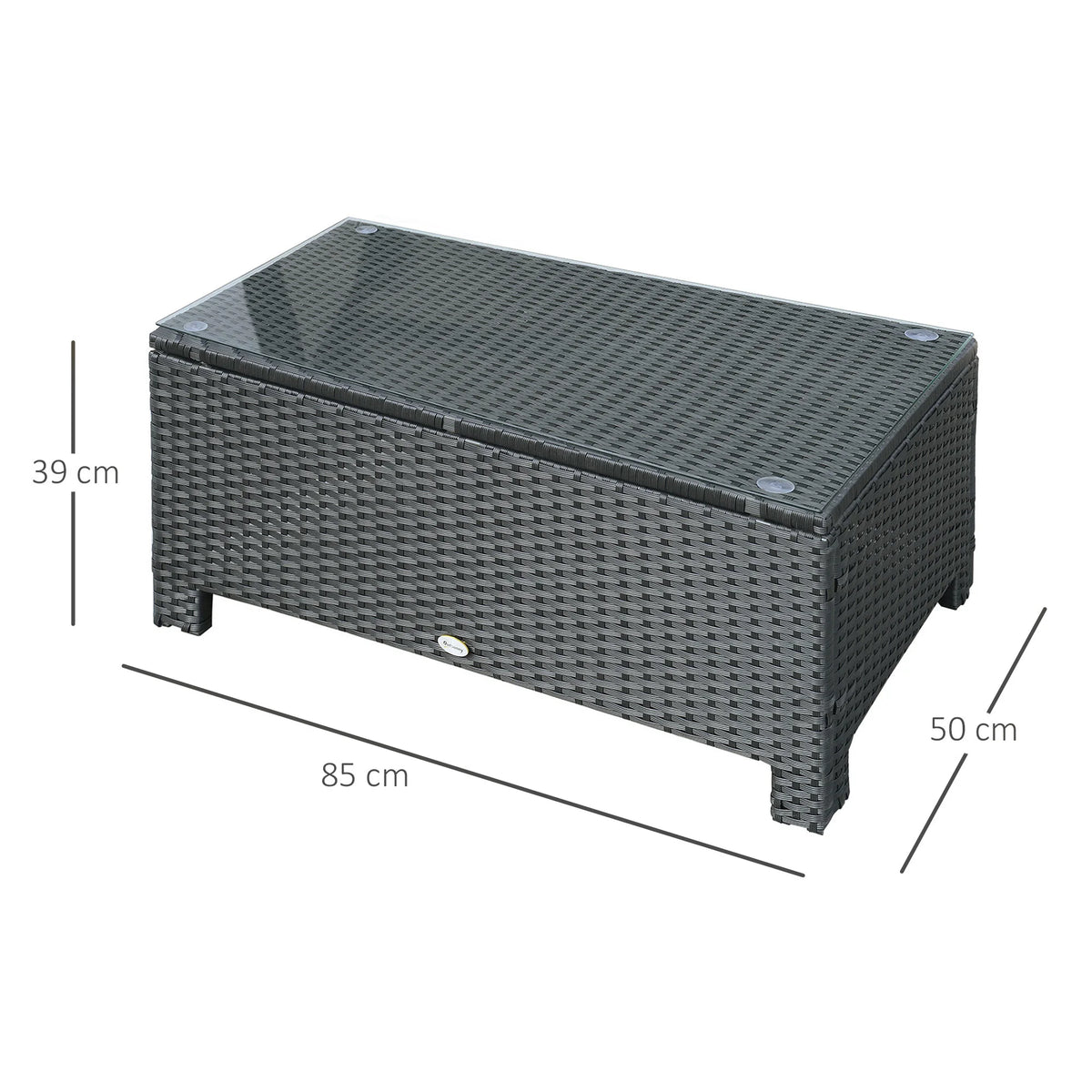 PE Rattan Garden Coffee Table with Tempered Glass Top, 85 x 50 x 39 cm, Black