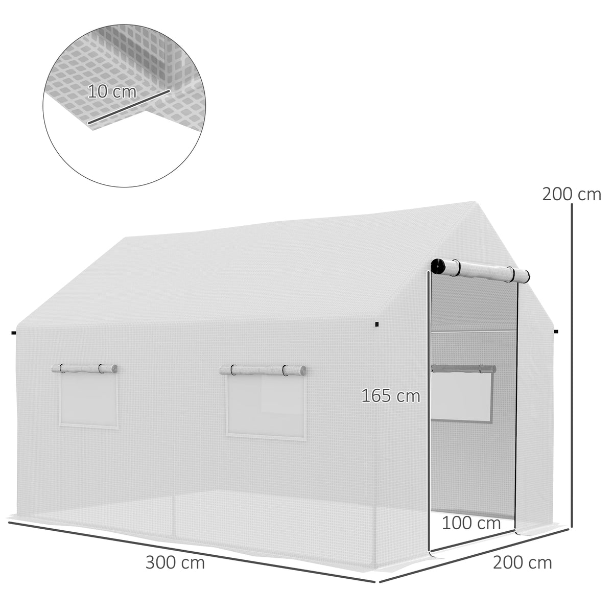 2 x 3m Polytunnel Greenhouse with Wide Door and 4 Mesh Windows, White