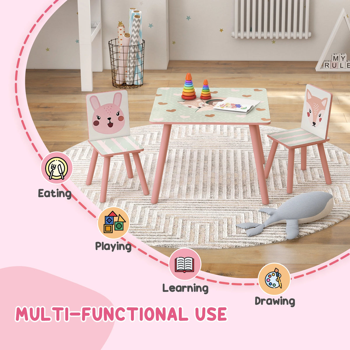 Kids Table and Chair Set Toddler Table with 2 Chairs 3 Pieces Pink