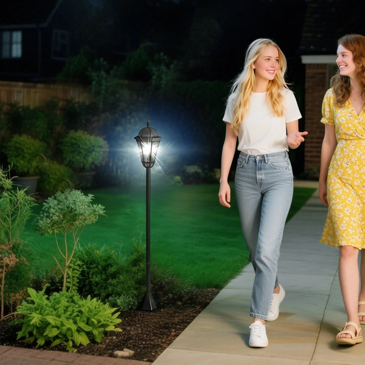 Solar Garden Post Lights with Auto On/Off, Set of 2, Black