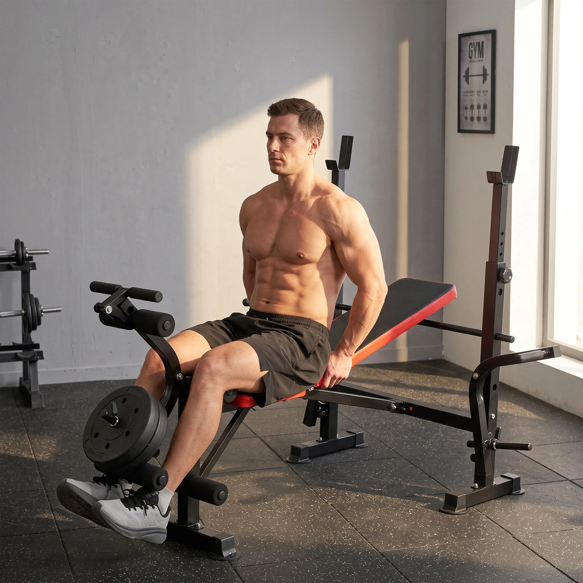 Adjustable Weight Bench with Squat Rack, Leg Extension and Butterfly Arms, Red