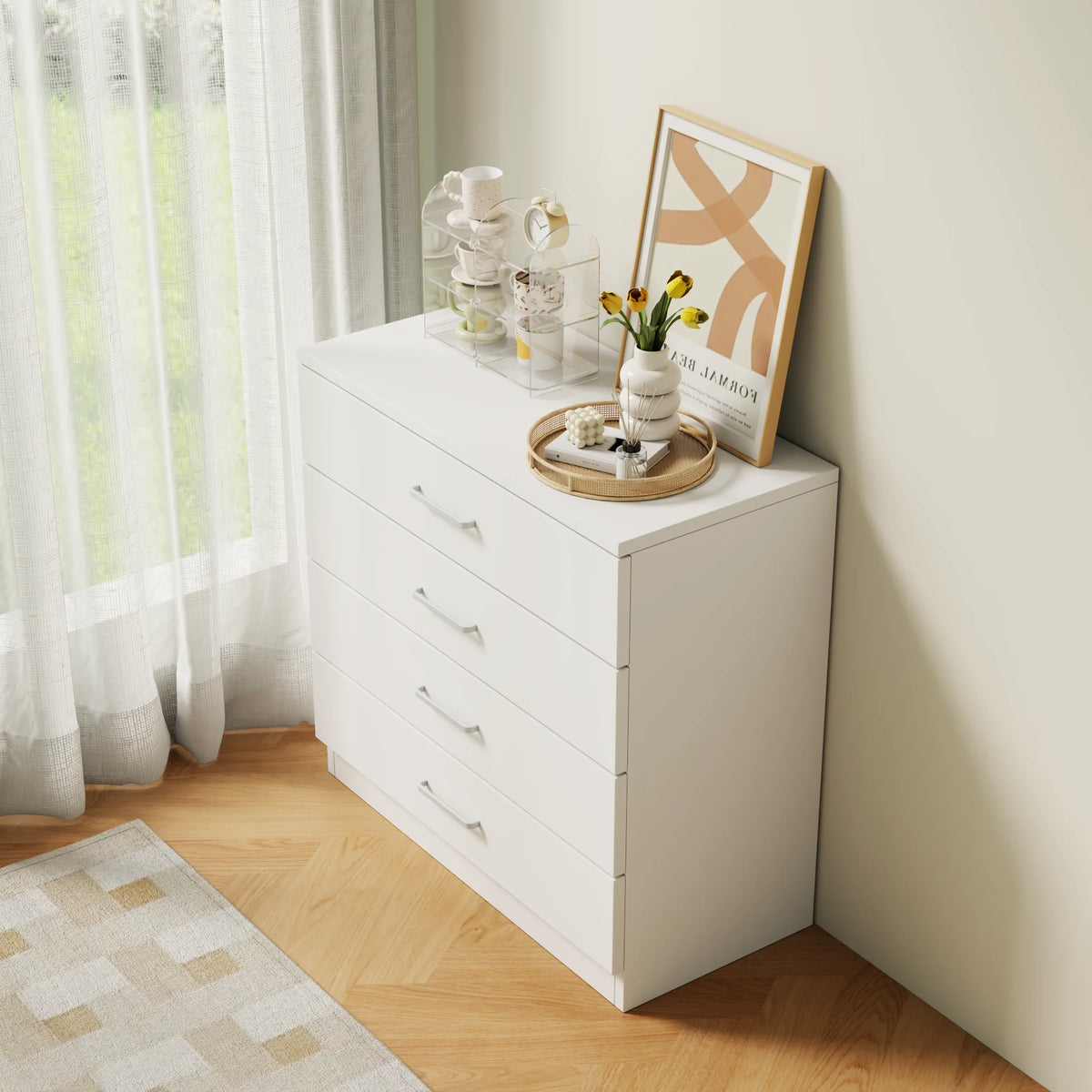 4 Drawer Chest of Drawers Hardwood HDF Construction Metal Handles Flat Panel Doors Bedroom Living Room
