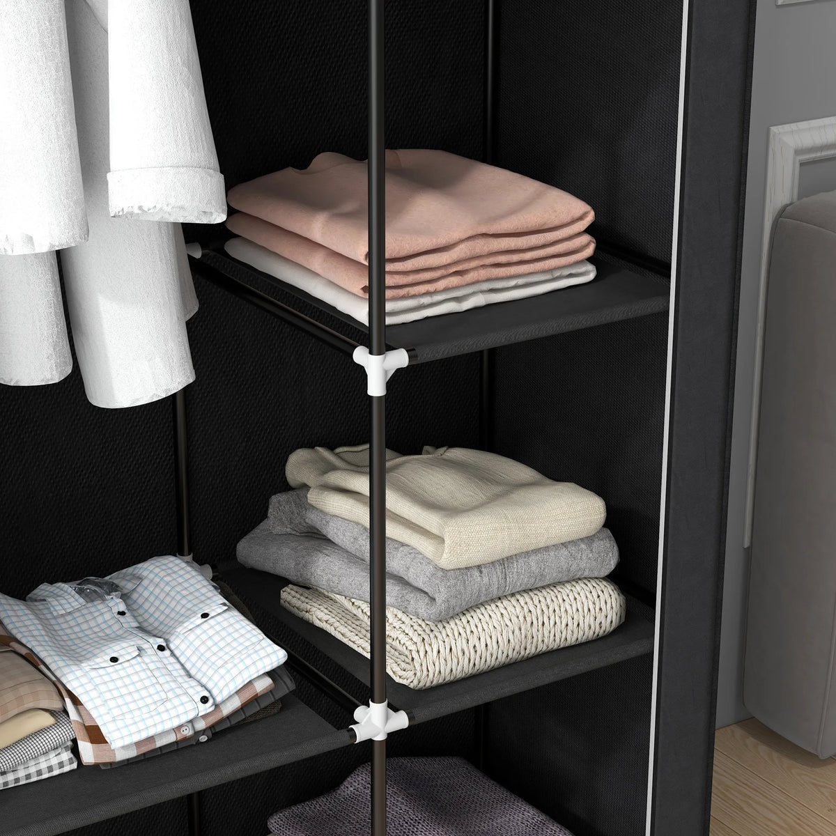 Fabric Wardrobe w/ Shelves Hanging Rail Foldable Closets