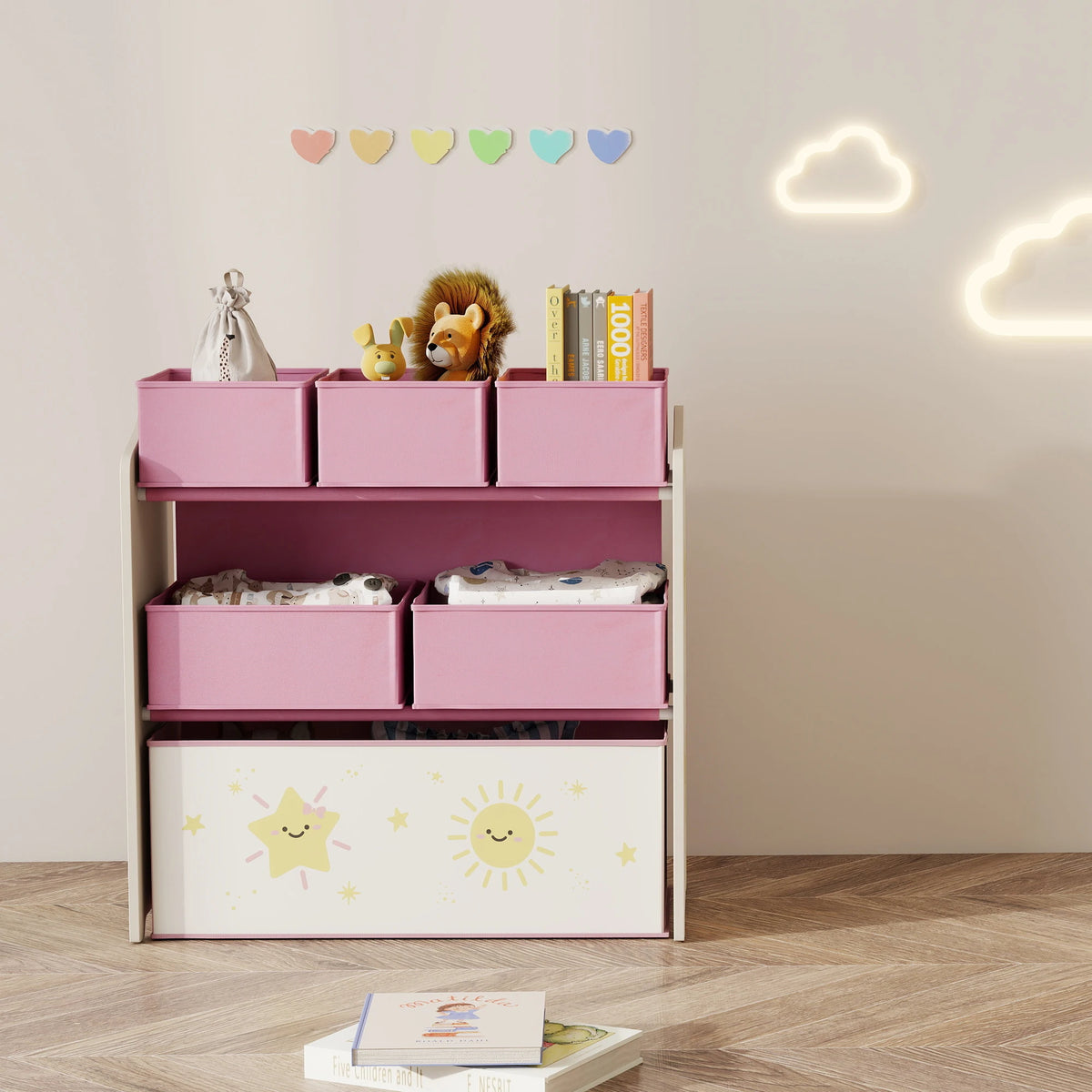 3 Tier Kids Storage Shelf with 6 Removable Fabric Boxes Bookshelf Organiser Rounded Corners