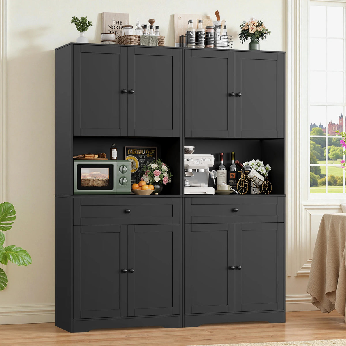180cm Tall Kitchen Cupboard with Large Countertop and 4 Doors | White or Black Pantry Cabinet with Drawer and Adjustable Shelves
