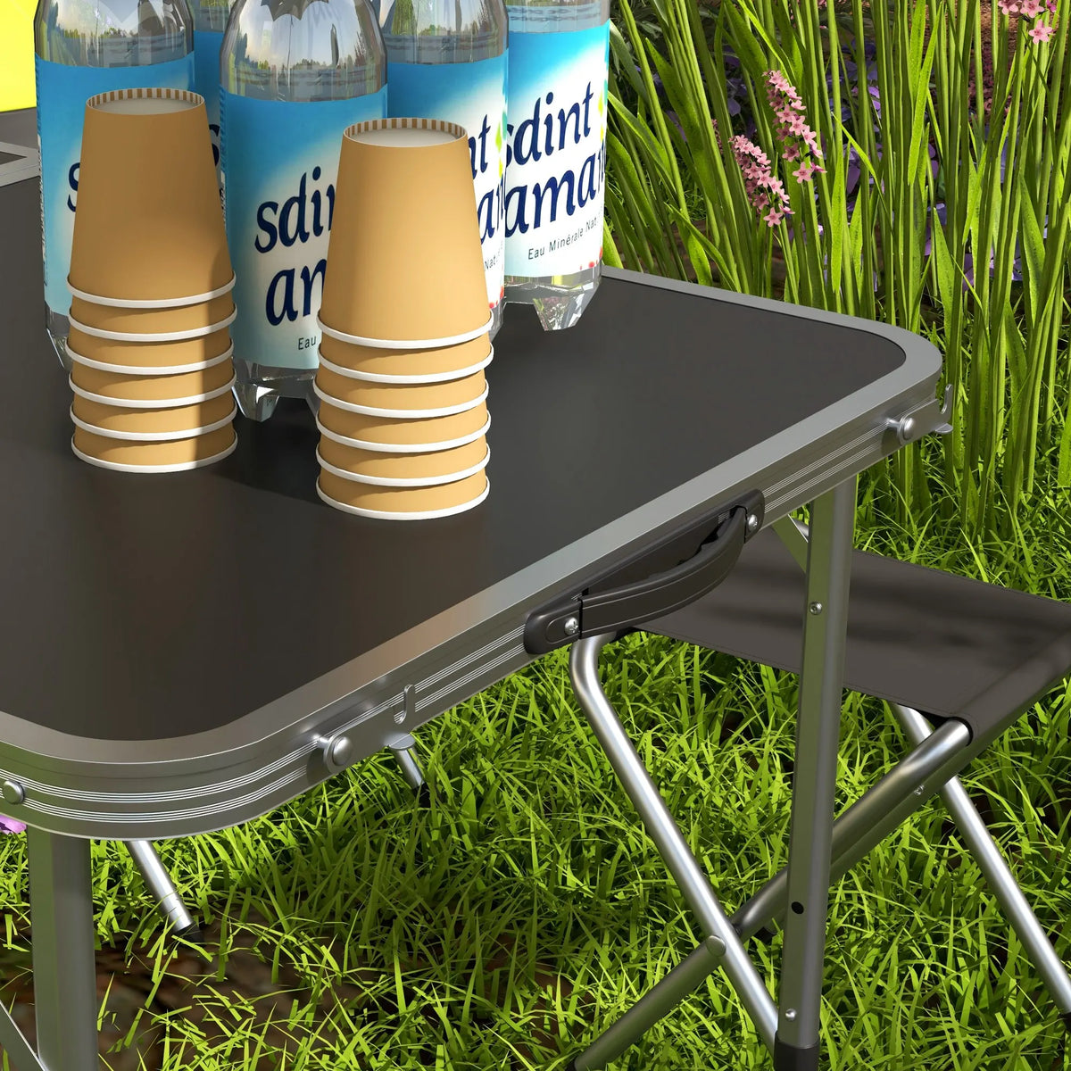 Folding Aluminium Picnic Table and 4 Chairs Set with Adjustable Height, Black