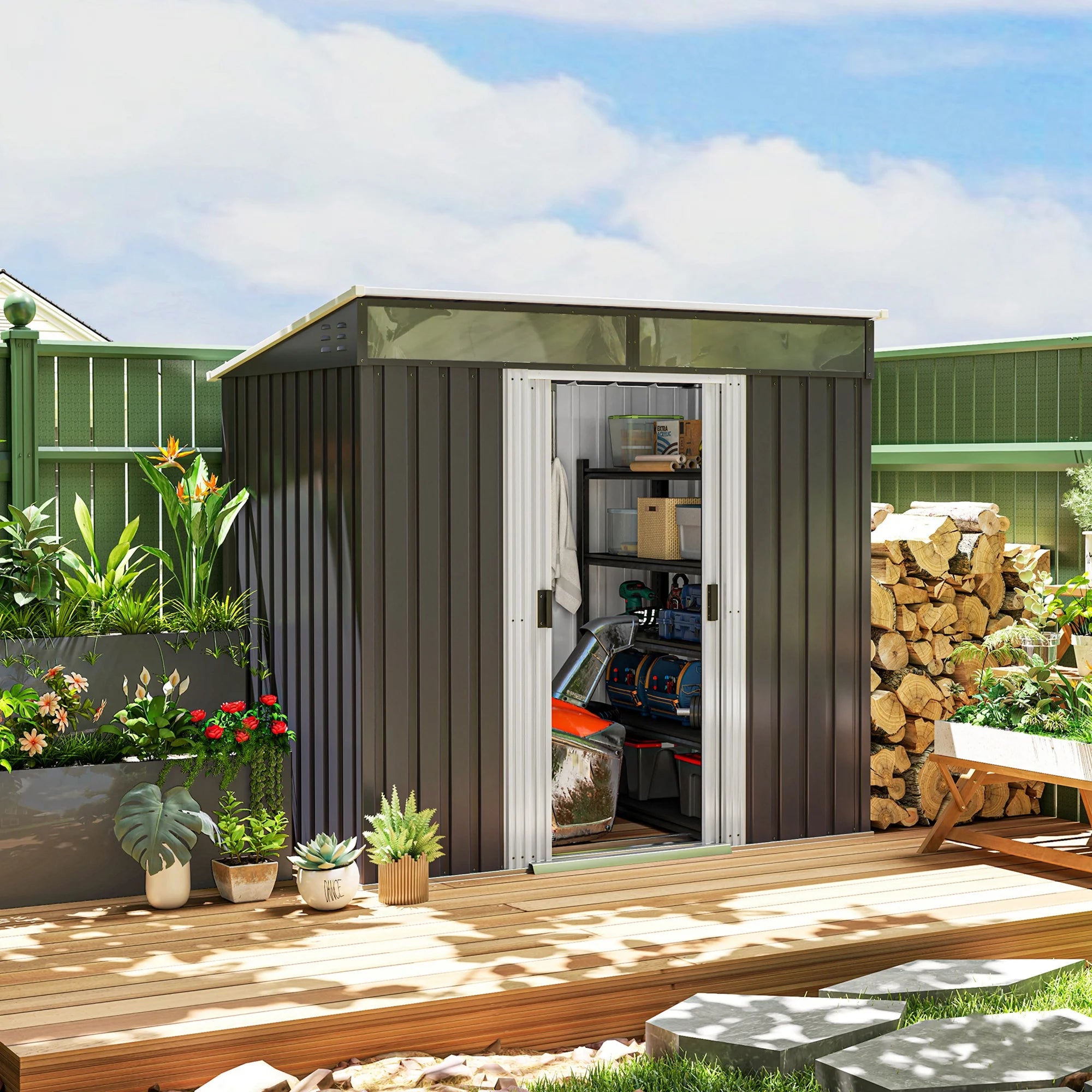 6.5 x 4ft Galvanised Metal Garden Shed with Sliding Doors, Foundation Kit, Windows and Ventilation
