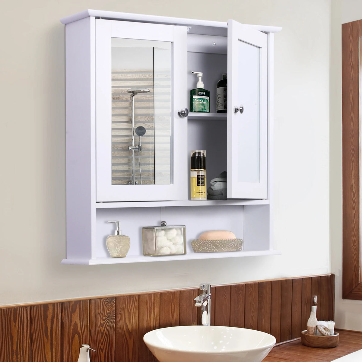 Wall-mounted Cabinet Mirror Door Bathroom Organiser, White
