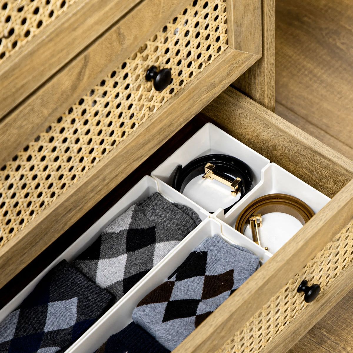 Chest of Drawers, 4 Drawer Unit Storage Organiser with Rattan Element