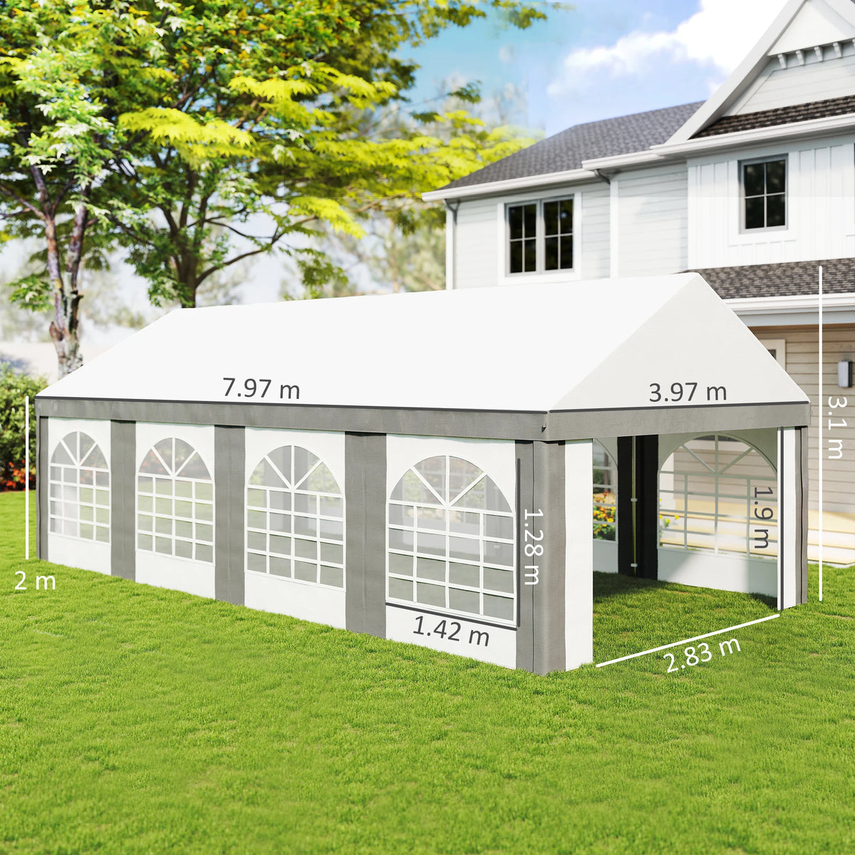 8 x 4m Party Tent Marquee with Removable Sides, Eight Windows and Double Doors