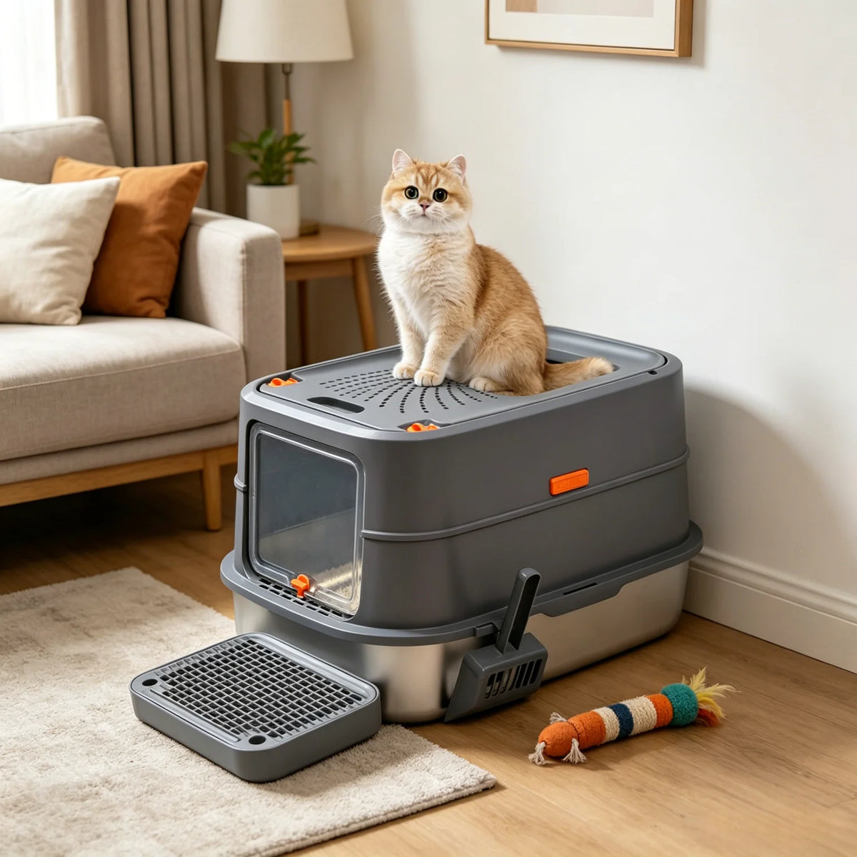 XL Enclosed Cat Litter Box, Stainless Steel Tray with High Wall Sides