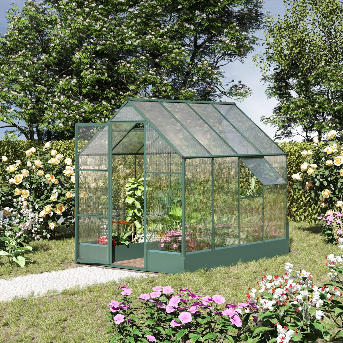 6x8 FT Polycarbonate Greenhouse with Base and Raised Bed, Walk-in Greenhouse with Aluminium Frame