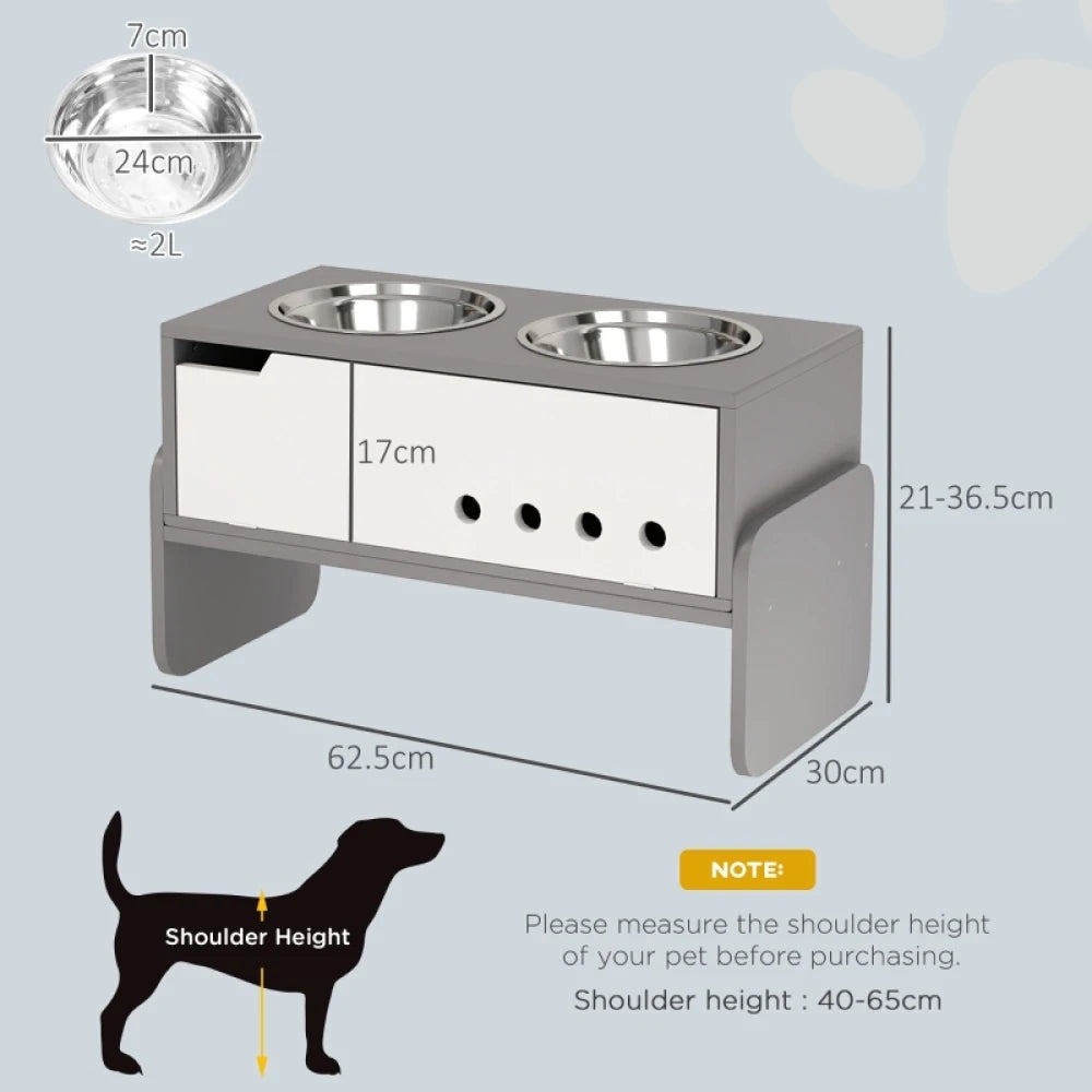 Height Adjustable Raised Dog Bowls 62.5x30x36.5cm Wooden Feeding Station Storage Slow Feeder Mat Grey