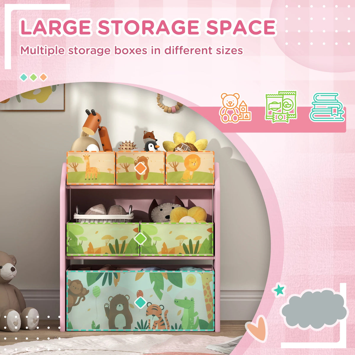 Kids Toy Storage Unit 3 Tier 63x30x66cm with 6 Removable Fabric Boxes MDF Rounded Edges Pink