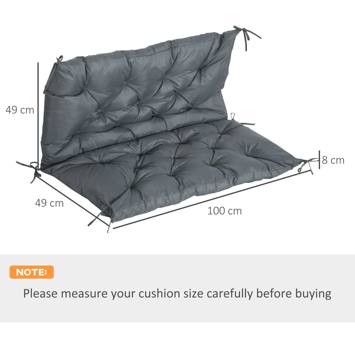 2 Seater Garden Bench Cushion, Outdoor Seat Pad with Ties, Dark Grey