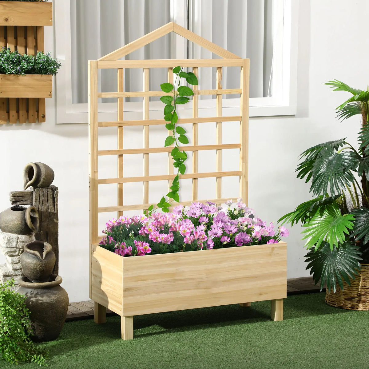 Wooden Planter with Trellis for Climbing Plants, Fir Wood Raised Bed, 90 x 43 x 150 cm