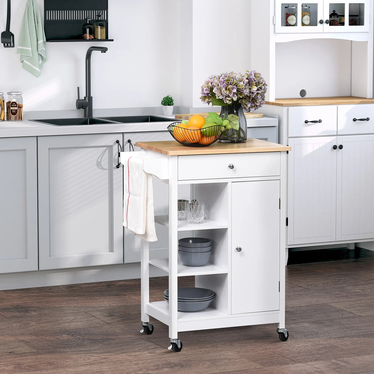 Kitchen Storage Trolley with Wooden Top, Drawer, Cupboard and Side Rail, White