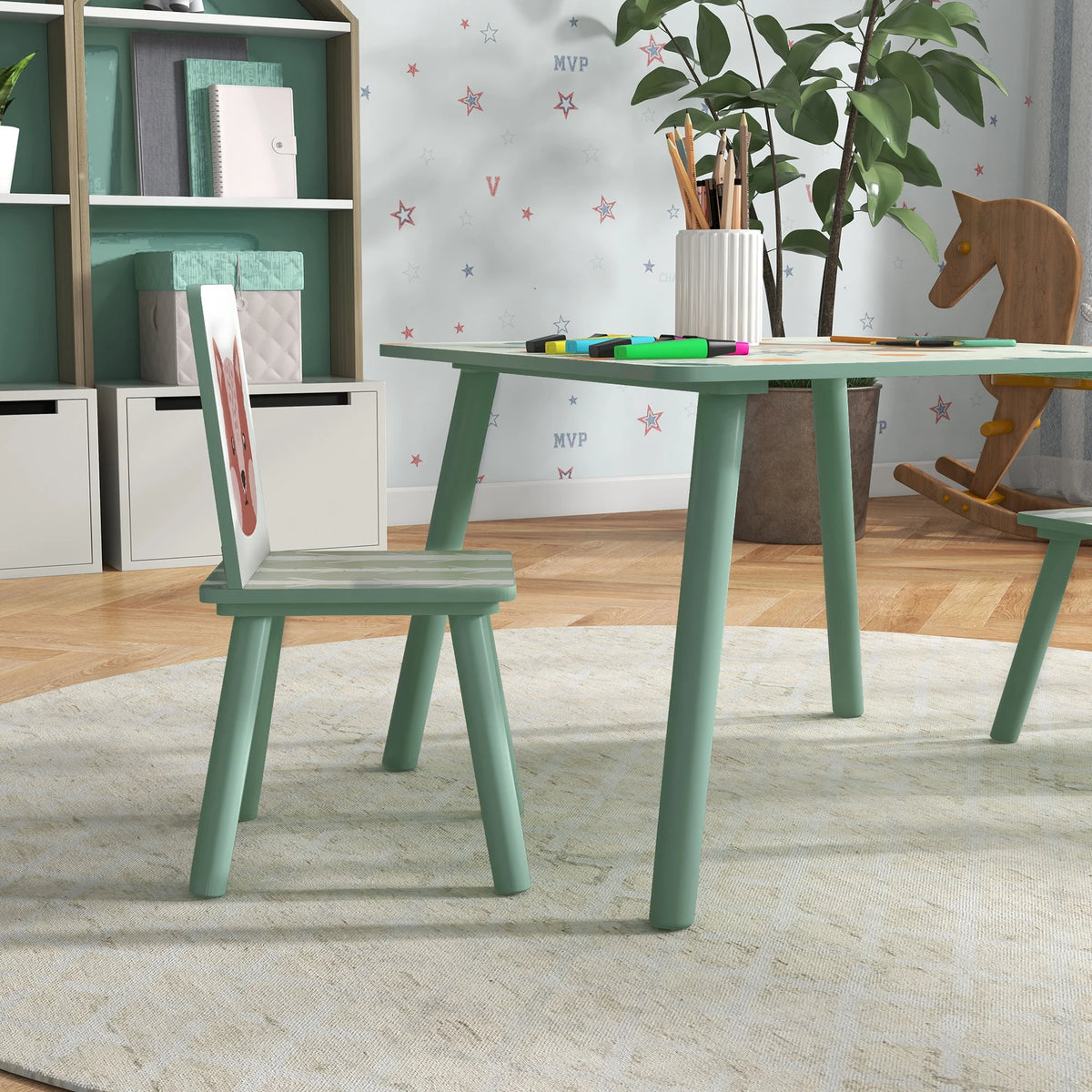 3 Piece Kids Table and Chair Set with 2 Chairs Animal Design Rounded Edges for Ages 3-8 Nursery
