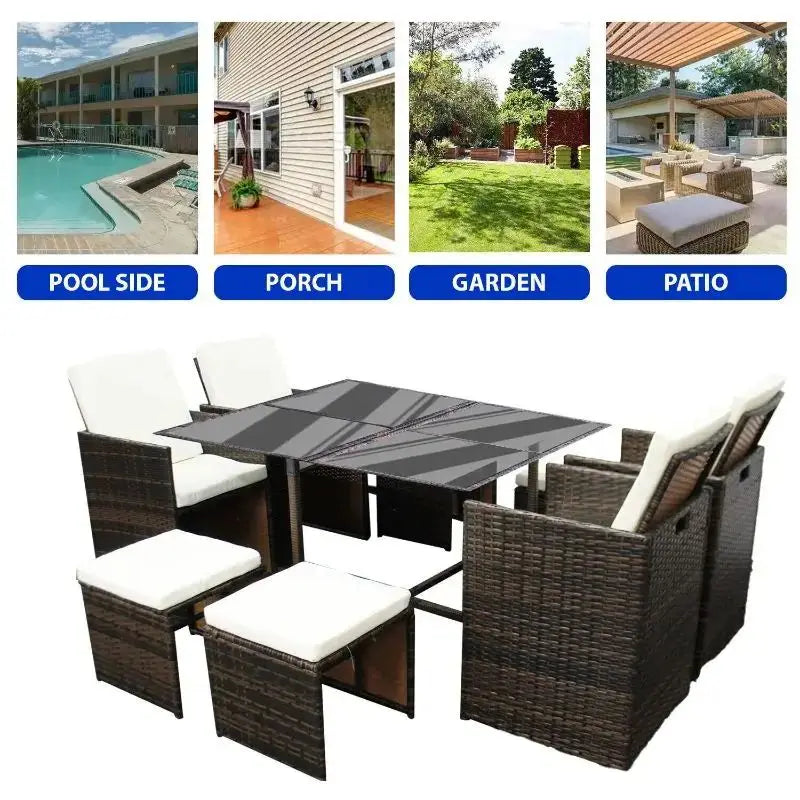 8 Seater Cube Rattan Garden Furniture Set 4 Sofas 4 Ottomans Table Tempered Glass Cushions Patio Outdoor