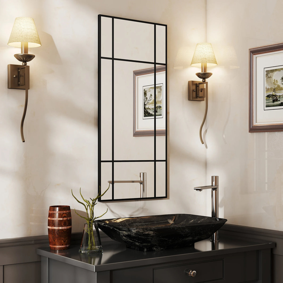 Window Pane Wall Mirror with Metal Frame, 110 x 50cm, Black