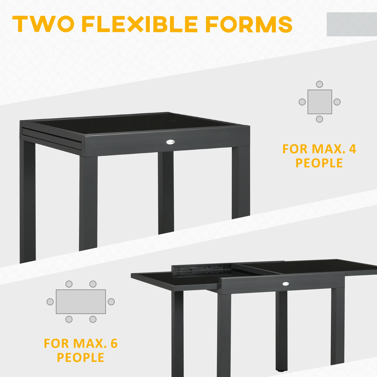 Extending Garden Table, Outdoor Dining Table with Aluminium Frame and Tempered Glass Tabletop