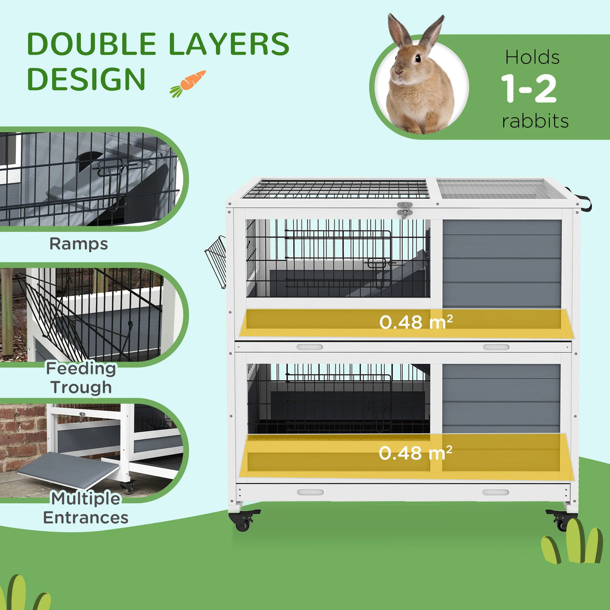 Double Decker Indoor Rabbit Hutch with Feeding Troughs 2 Slide Out Trays Ramps and Wheels White
