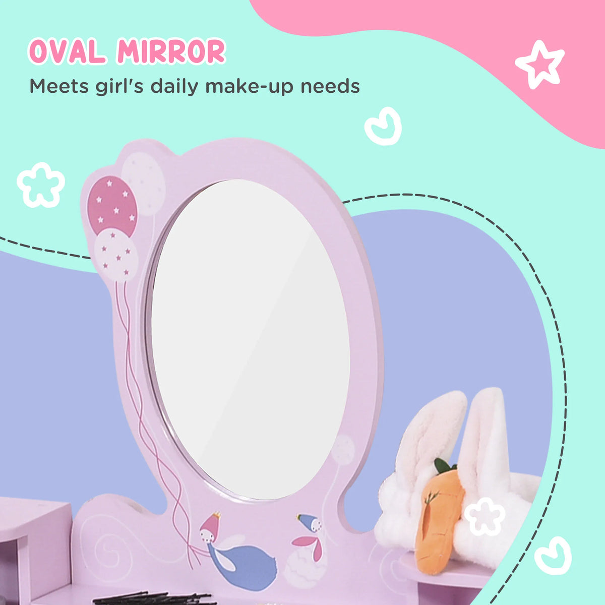 Kids Wooden Dressing Table and Stool with Mirror Pine Wood and MDF Toddler Vanity Set Pink and White