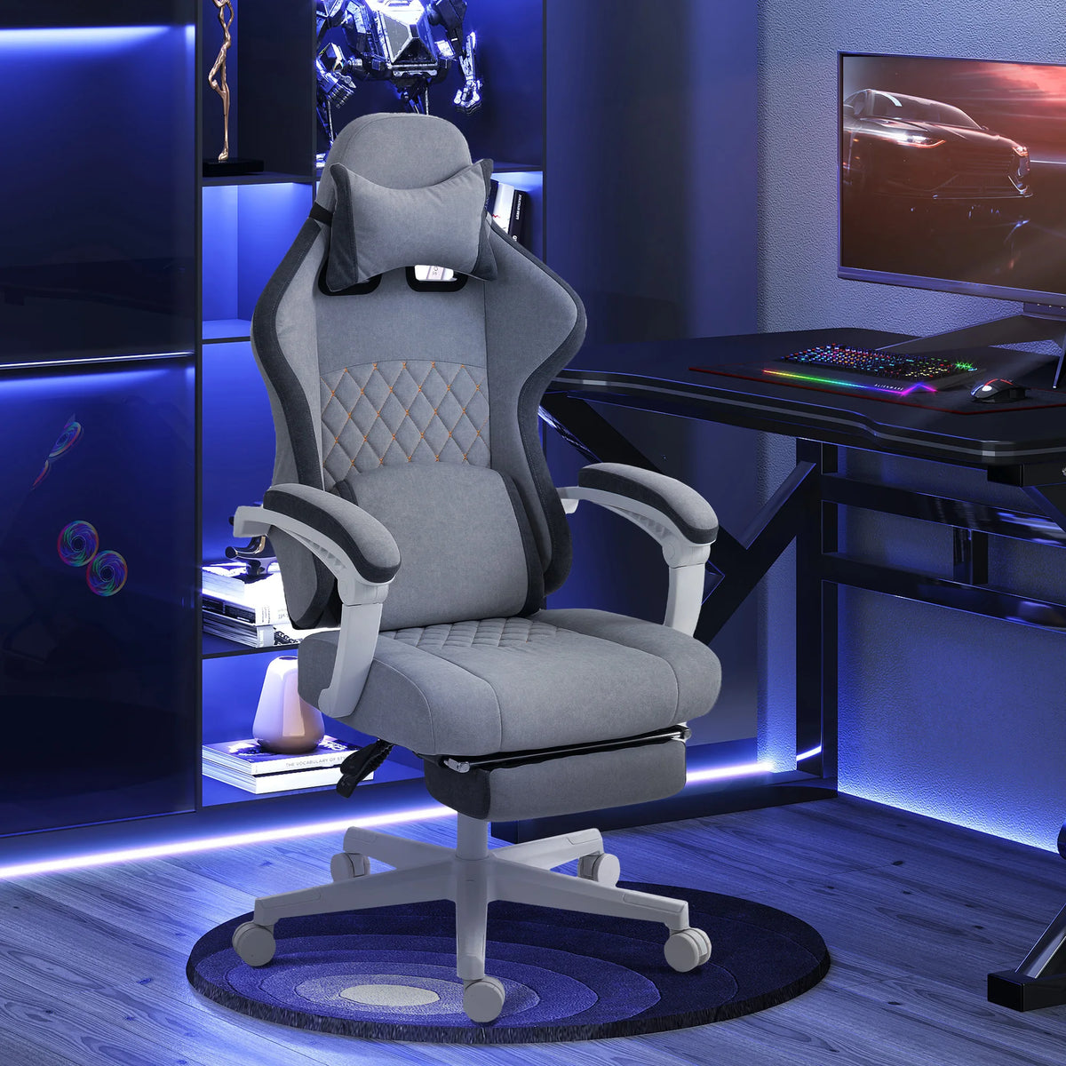 Velvet Reclining Office Chair with Footrest and Headrest, Adjustable Height Desk Chair, Grey