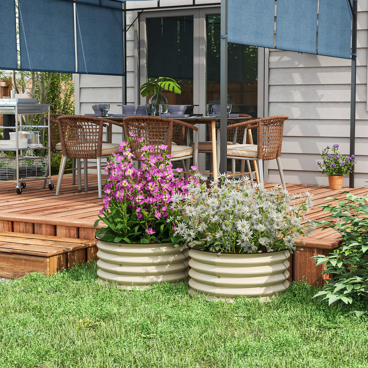 Set of 2 Round Steel Raised Garden Planters with Safety Edging, Cream White