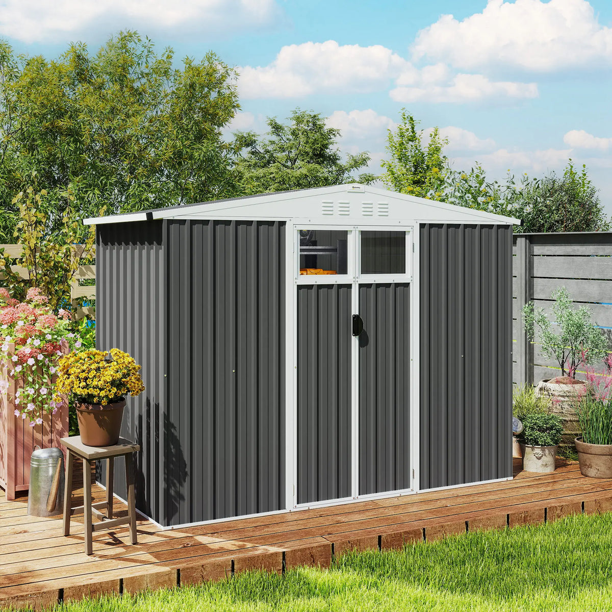 8 x 4ft Metal Garden Shed with Double Doors, Windows and Vents, Dark Grey