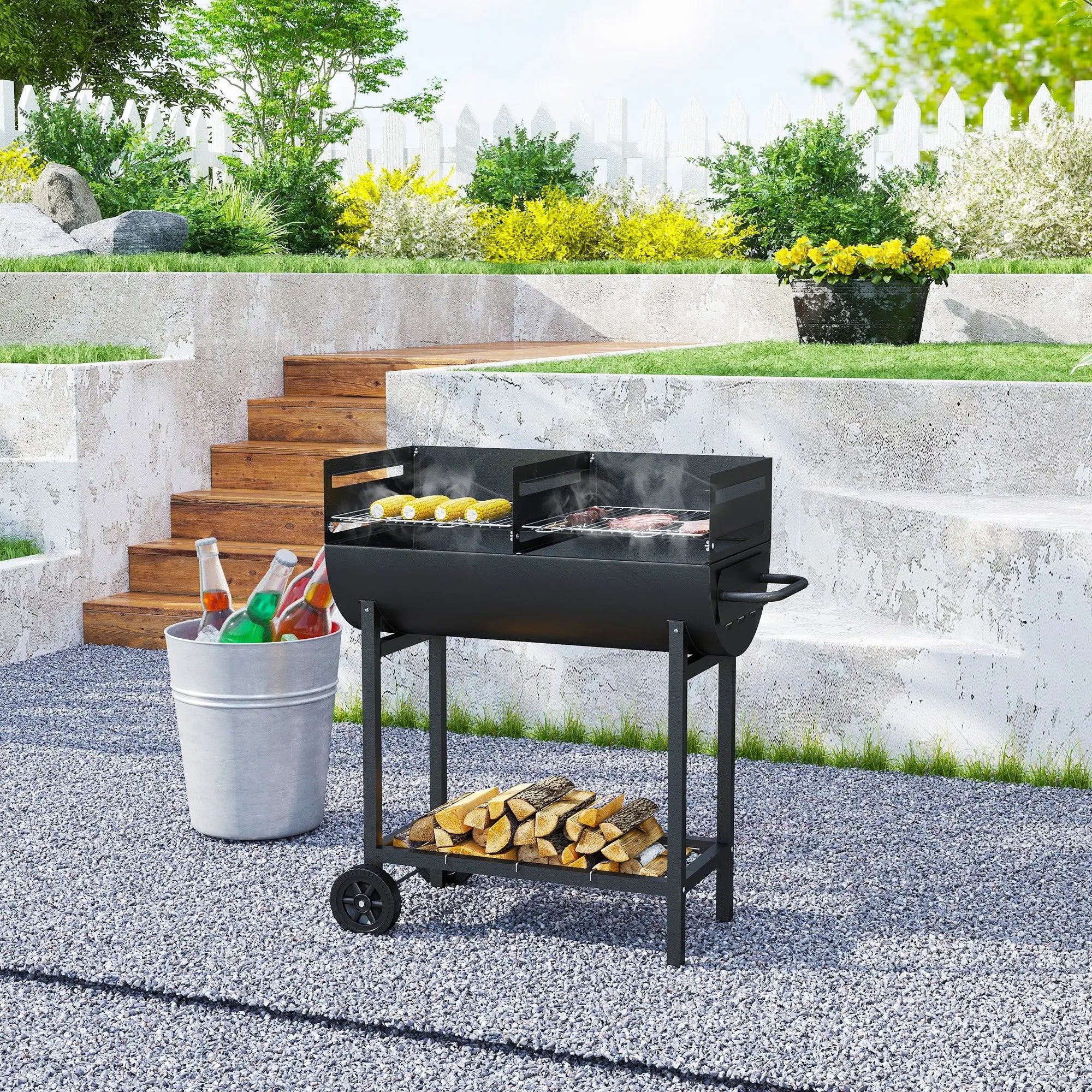 Portable Charcoal BBQ Grill Trolley 2 Grilling Areas Adjustable Height 3 Levels Wind Boards 2 Wheels Black