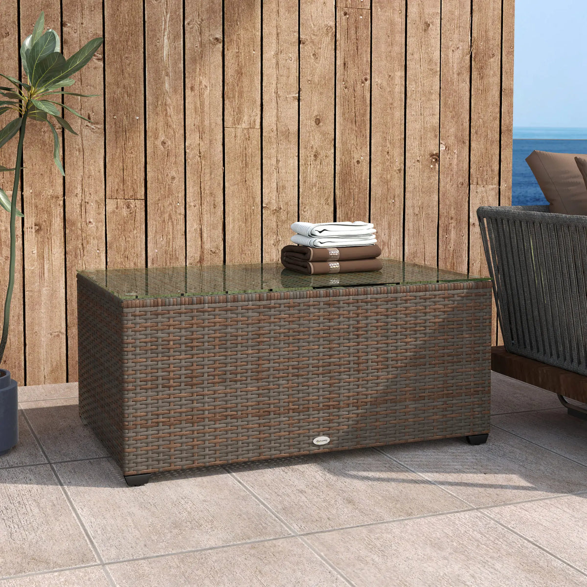 PE Rattan Garden Coffee Table with Tempered Glass Top, 90 x 50 x 38 cm, Brown