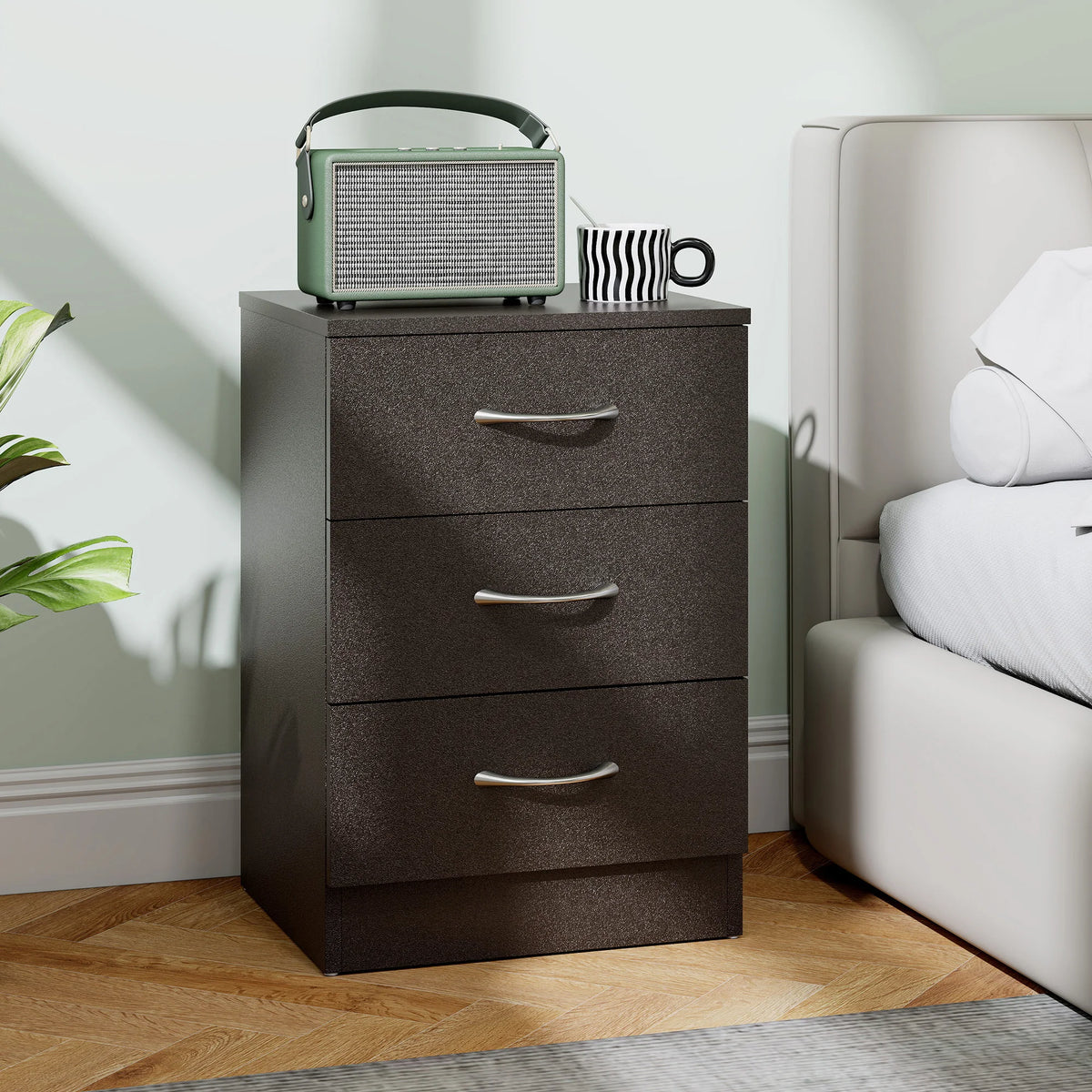 Modern 3-Drawer Bedside Table, Black Wood-Effect