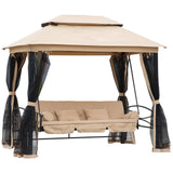 3-in-1 Garden Swing Chair Bed Gazebo with Double Tier Canopy, Mesh Curtains and Cushions