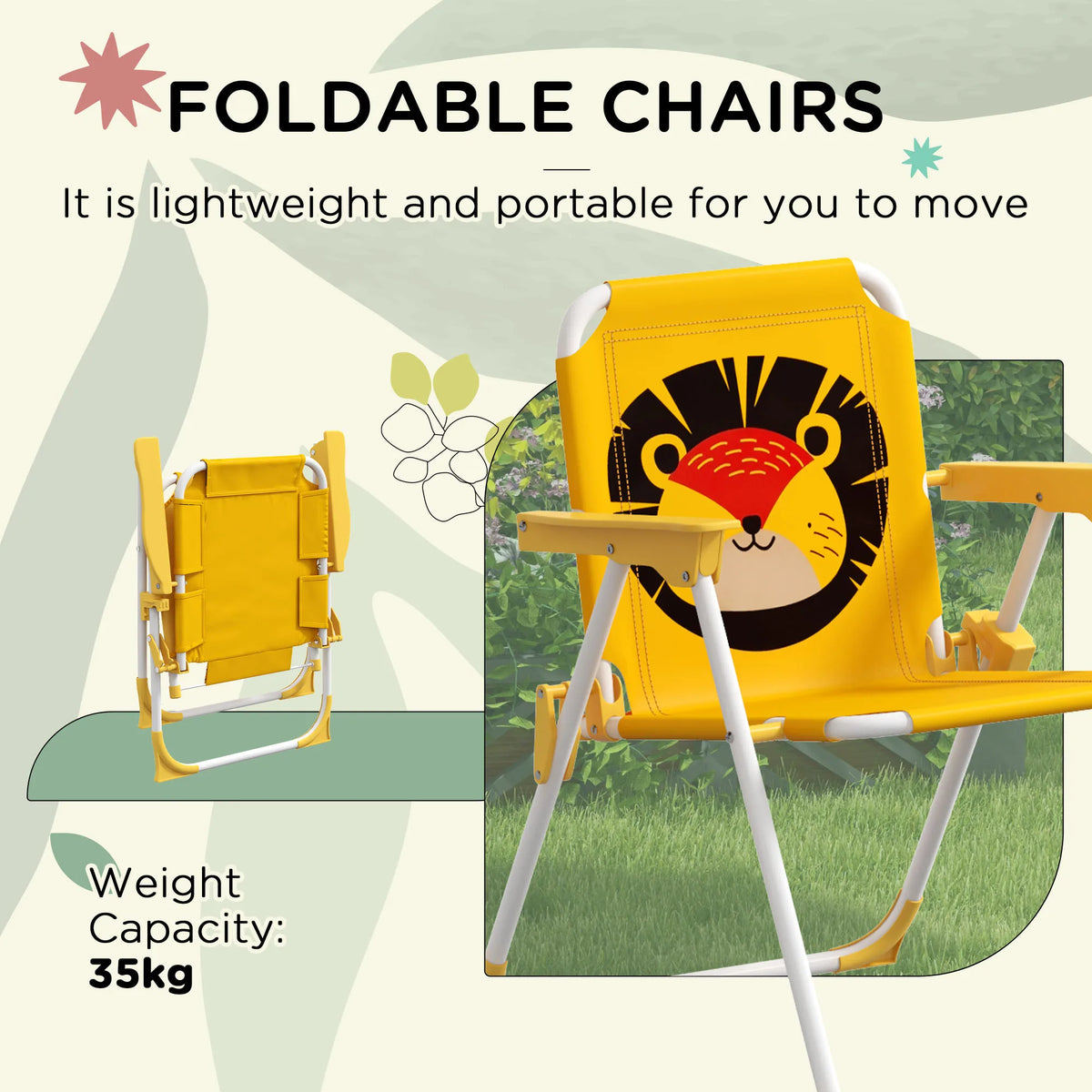Kids Bistro Table and Chair Set Lion Theme with Adjustable Parasol 86-122cm Folding Chairs with Safety Locks