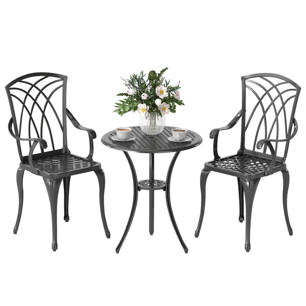3 Piece Cast Aluminium Garden Dining Set for 2 with Parasol Hole, Table and 2 Chairs, Brown
