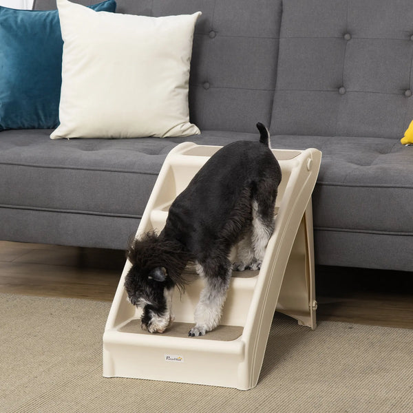 Foldable Pet Stairs with Carpeted Steps for Beds and Sofas, Beige