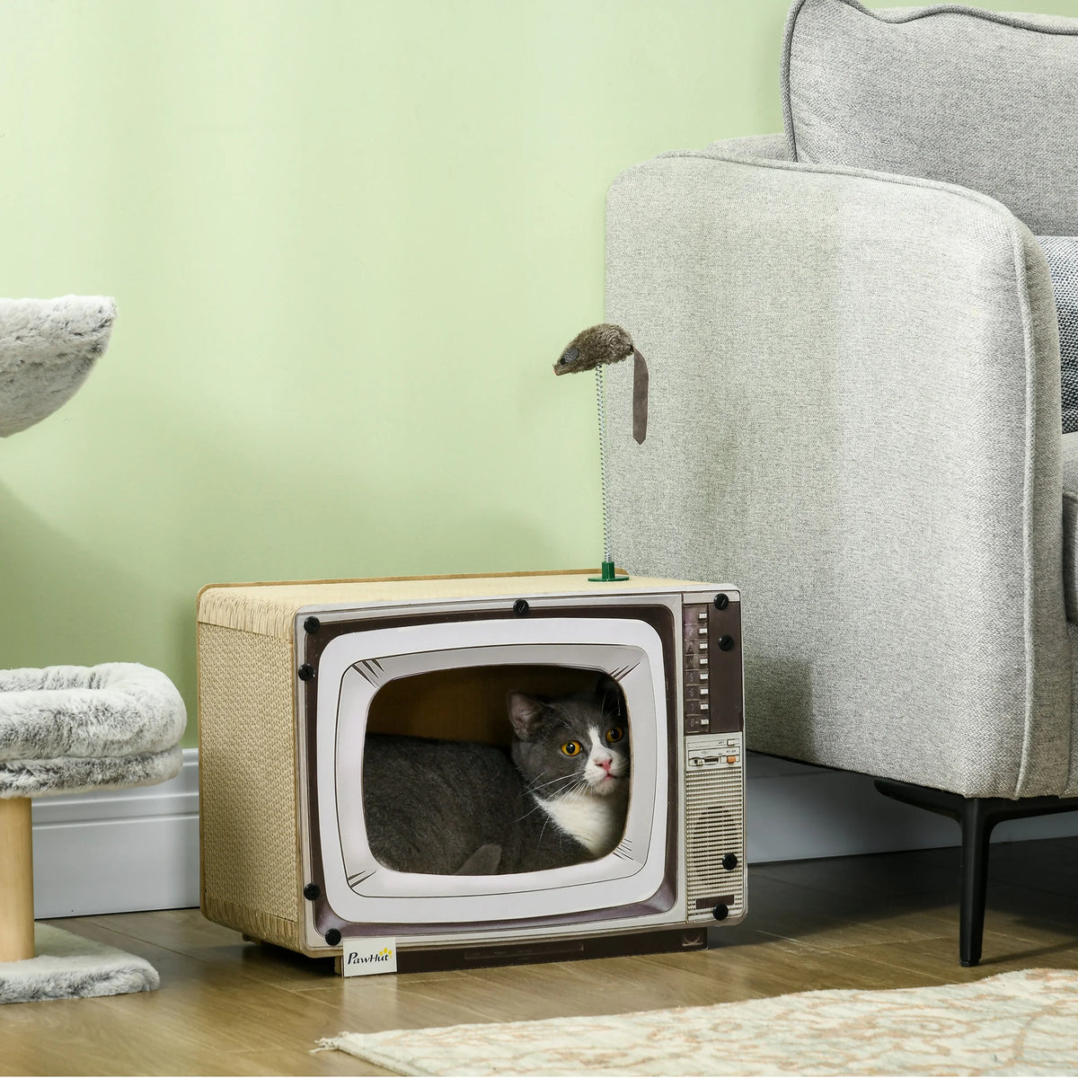 TV-Shaped Cardboard Cat House and Scratcher with Toy Mouse and Catnip