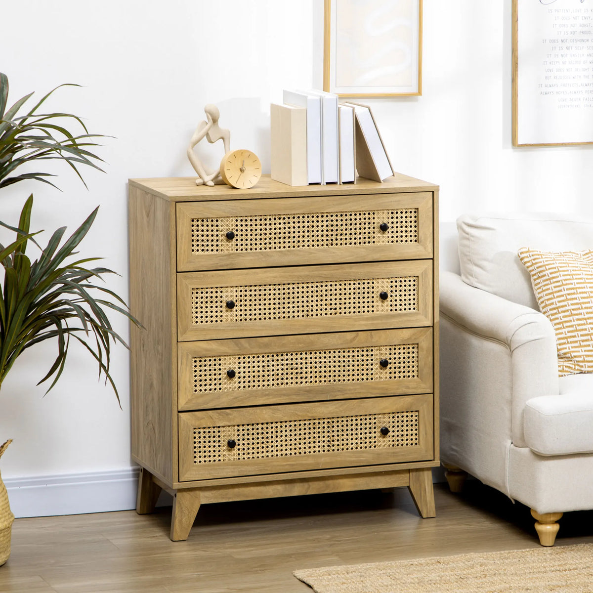 Chest of Drawers, 4 Drawer Unit Storage Organiser with Rattan Element