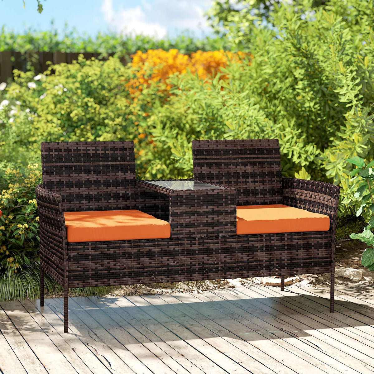 Rattan Garden Loveseat with Glass-Top Middle Table and Cushions, Brown and Orange