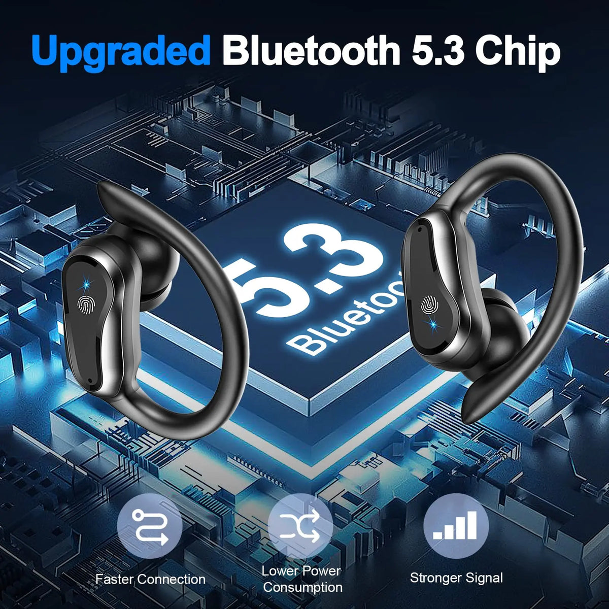 Wireless Bluetooth 5.3 Earbuds with Ear Hooks, Noise Cancelling Mic, Dual LED Display, 42H Playback, Sports Headphones